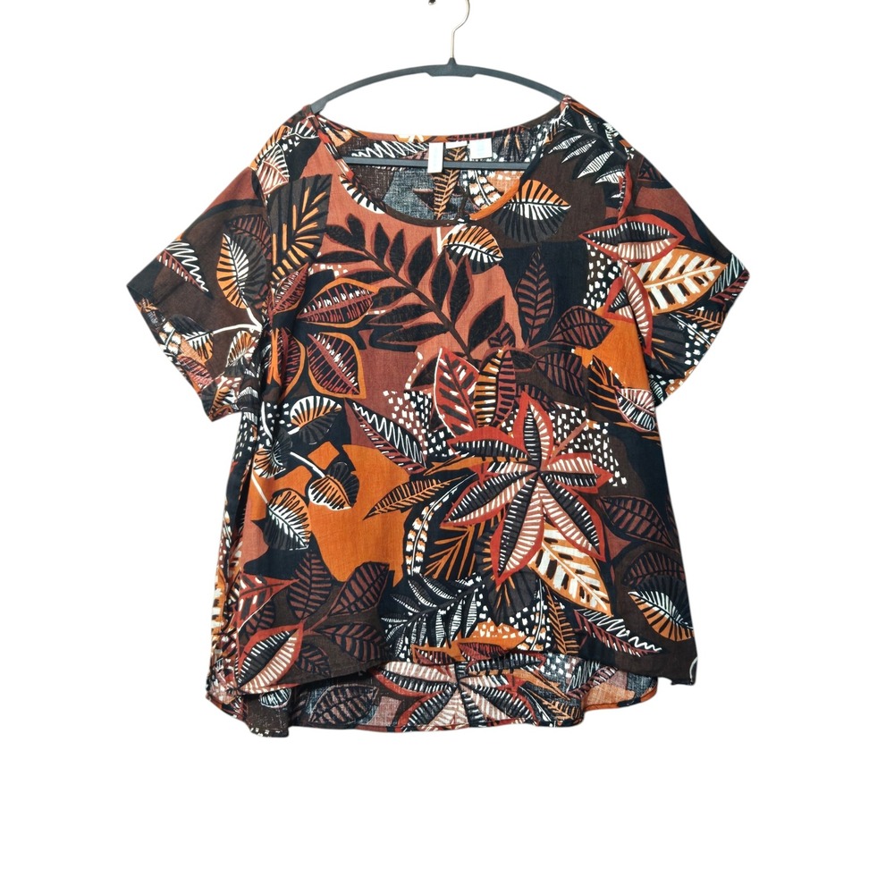 Cynthia Rowley 100% Linen Tropical Leaf Print Blouse 1X Plus Size Rust Fall Boho
